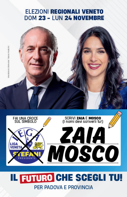 Scrivi Zaia e Mosco nella lista Lega per le Regionali del Veneto del 23-24 novembre 2025.